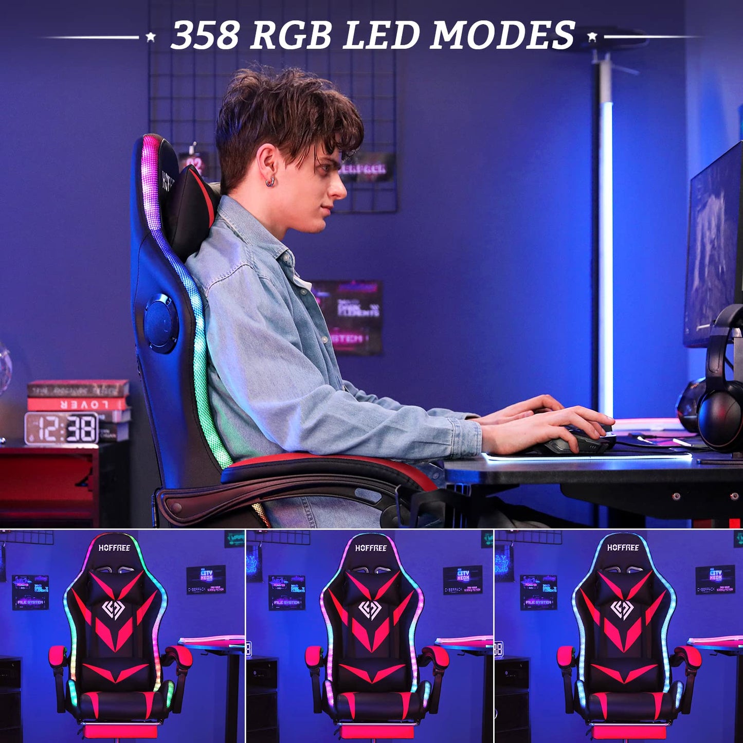 Gaming Chair with Speakers and LED Lights Ergonomic Computer Chair with Massage and Footrest Reclining Video Game Chair for Adults with Adjustable Lumbar Support Red and Black