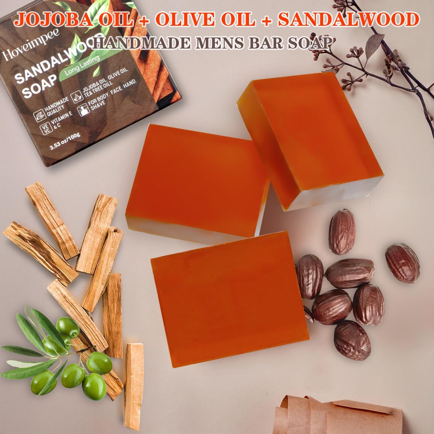 3 Pack Sandalwood Mens Bar Soap, Natural Soap Infused Jojoba and Olive Oil, Gently Exfoliate and Refresh Body and Face, Control