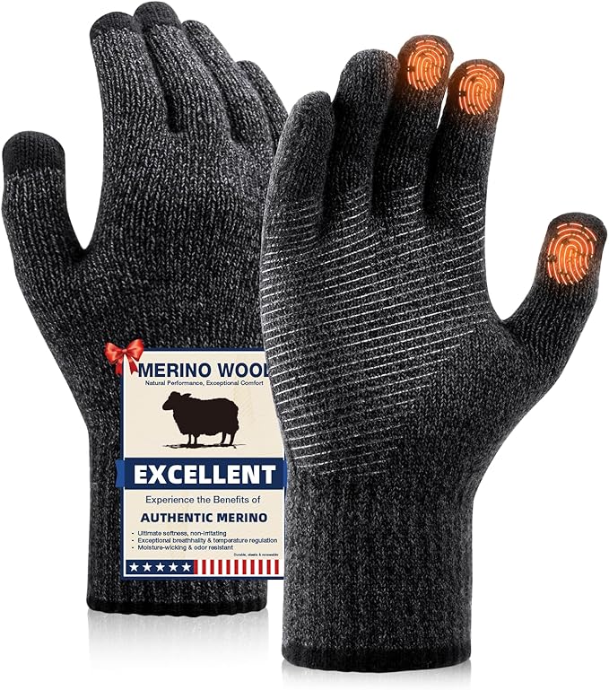 Merino Wool Gloves for Men Women Touch Screen Warm Anti-Slip Glove Liners Thermal for Driving Hiking