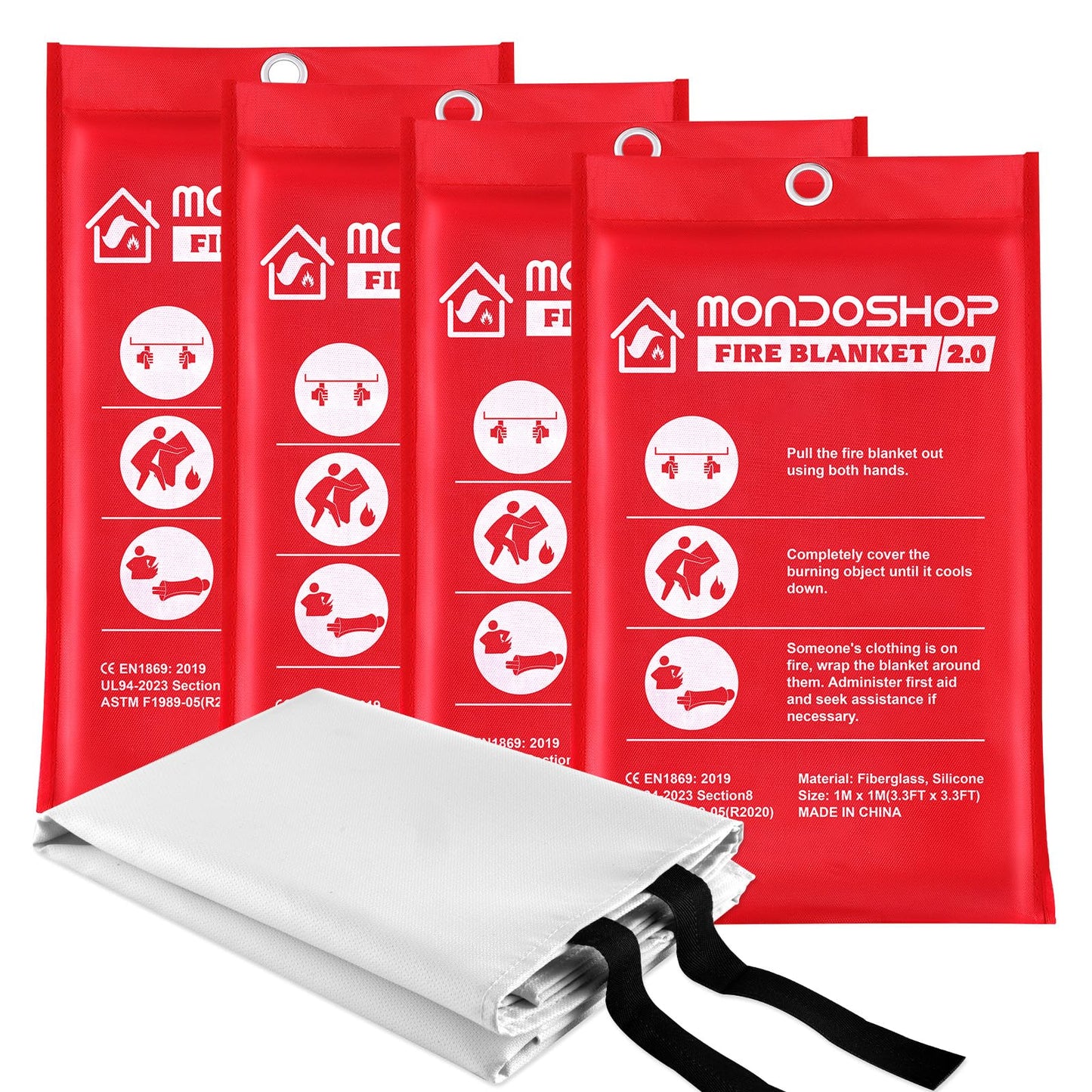Mondoshop Silicone Fire Blanket for Home - 4Pack 40"x40" Emergency Fire Blankets for Kitchen, Fire Retardant Blankets for Car, Camping, Grill, Office, Warehouse, School, Picnic
