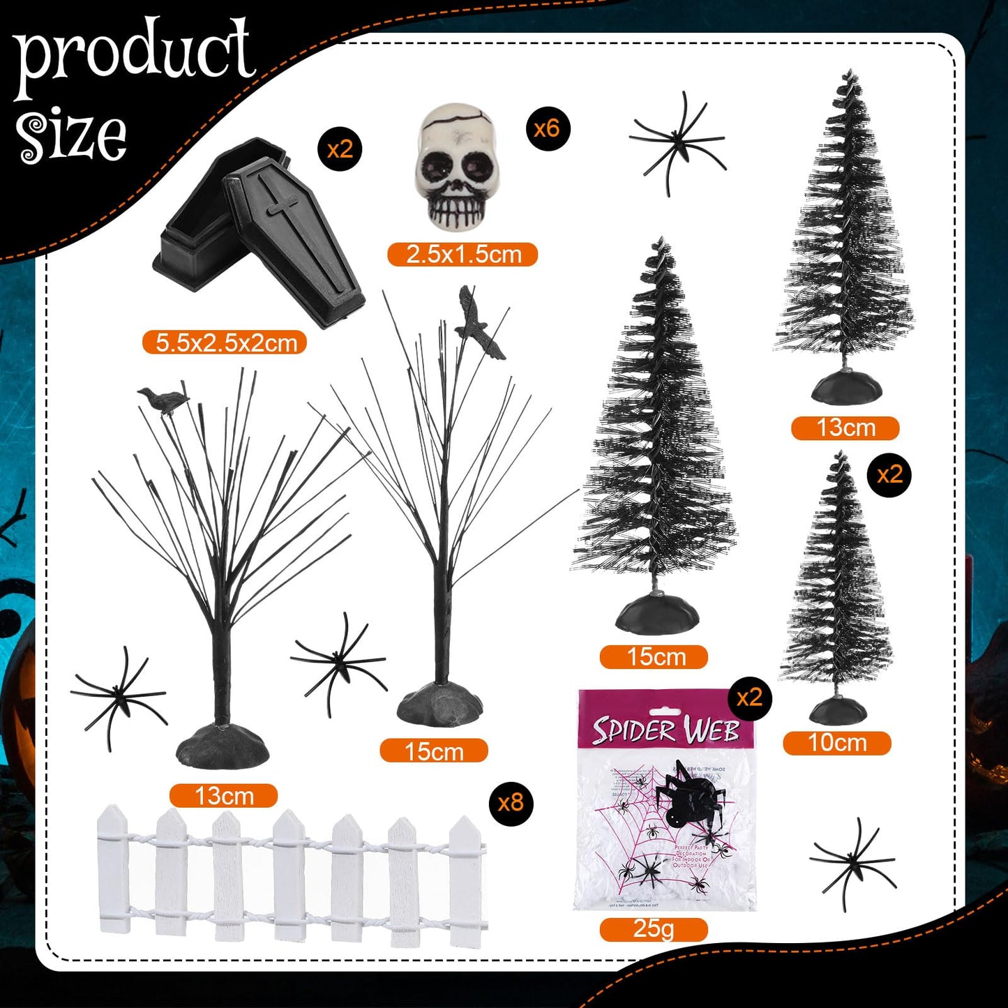 Liliful 32 Pcs Halloween Village Accessories Ornaments Set Spooky Halloween Town Tombstones Skeleton Tiny Trees Fake Spiders Decor Village Set for Party Town Decorations