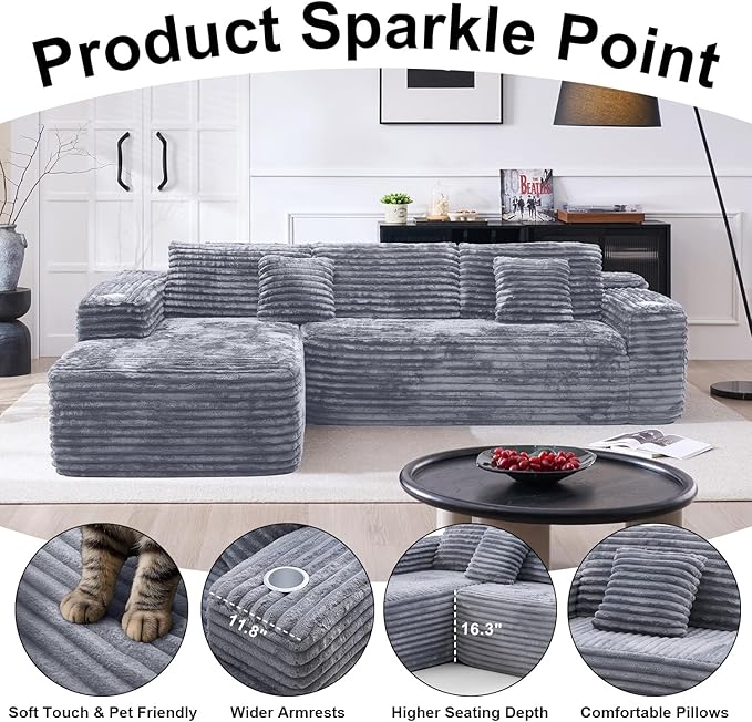 Cloud Sectional Couch with L-Shape Chaise, Modern Modular Sofa with Deep Seat, Built-in Cup Holder & Storage Pocket for Living Room Bedroom, No Assembly Required (Light Gray, Right Sitting Chaise)