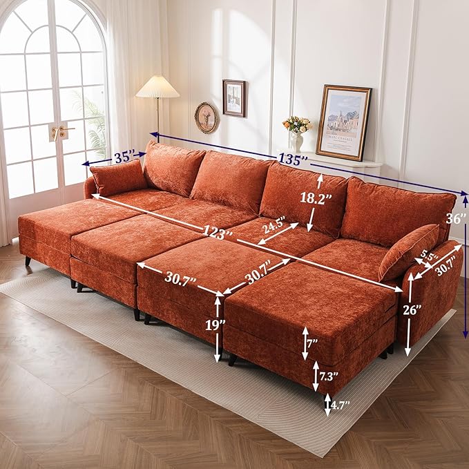 Rexulqo 135'' Modular Sectional Sofa with All Seats Storage, Oversized Sleeper Sofa Bed for Living Room,4-Seater Comfy Cloud Couches with Movable Ottoman,Big Sectional for Bedroom,Velet,Orange