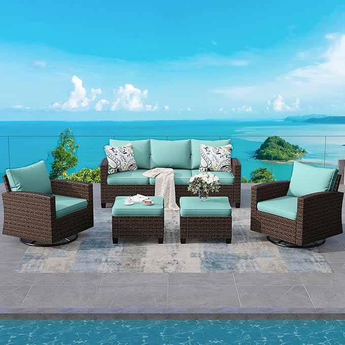 SUNSHINE VALLEY Swivel Glider Patio Furniture Set Outdoor Furniture Brown Wicker Rattan Patio Conversation Sets with Cushion Outside Sofa Set,5 Pieces 7 Seats,Blue
