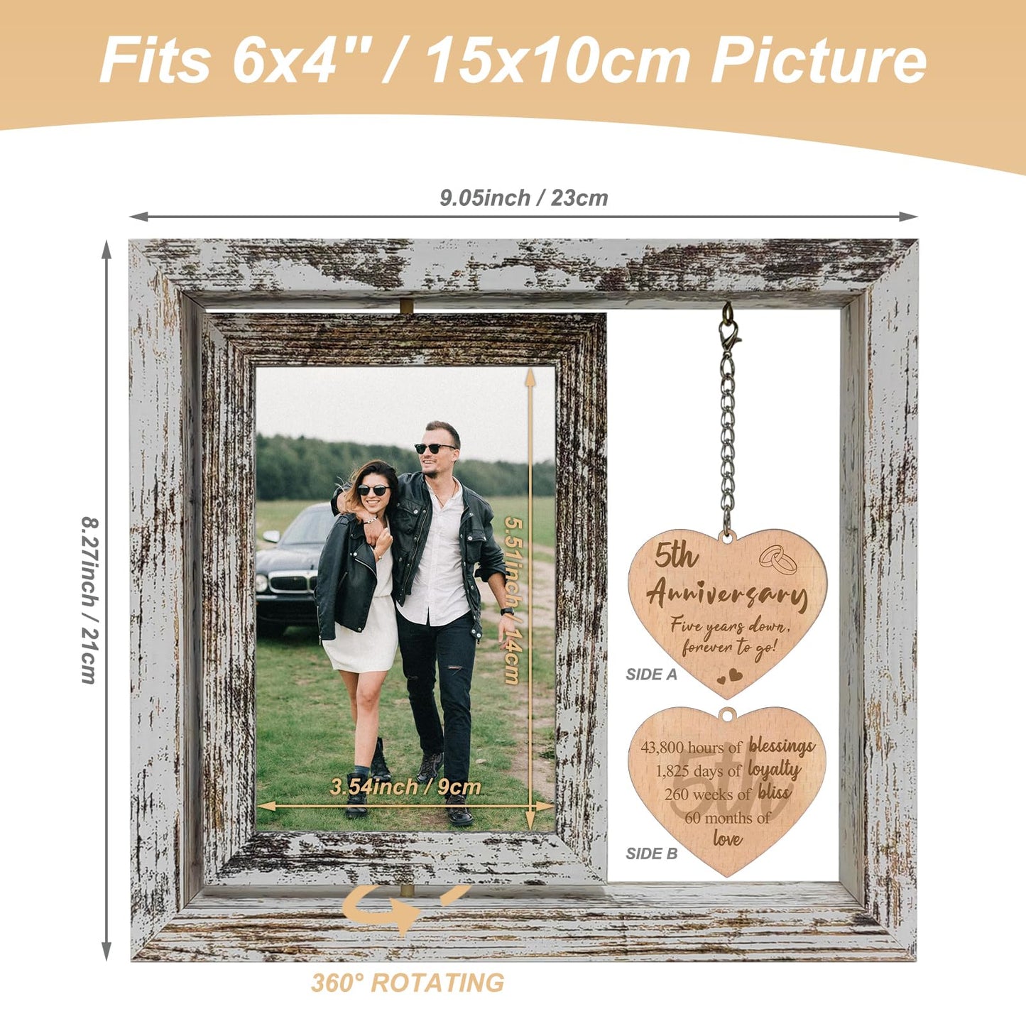 5 Year Anniversary Rotating Picture Frame for Her, Wood 5th Wedding Anniversary Photo Frame gifts for Wife Husband Him Couple, Display 2 6x4
