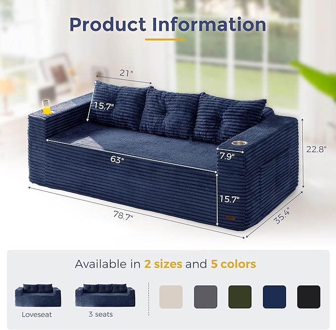 MAXYOYO 79" Oversized Boneless Loveseat Sofa Couch for Small Spaces, Mini Love Seat Floor Couch with Cup Holders and Pillows, 3-Seater Upholstered Cloud Couch for Bedroom, No Assembly Required