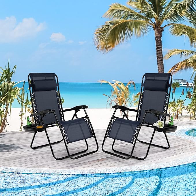 Tangkula Set of 2 Zero Gravity Chair, Folding Patio Lounge Chair Adjustable Outdoor Recliner with Cup Holder, Wide Armrest for Patio Garden Poolside Outdoor Yard Beach, Support 350 lbs (2, Navy Blue)