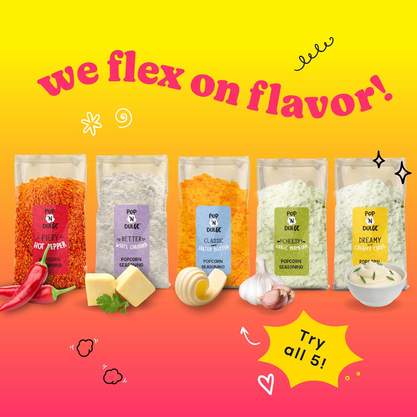 Pop n' Dulge Popcorn Movie Night Supplies 16 pcs Gift Set, 5 Gourmet Popcorn Kernels, 5 Seasoning Variety Packs Non-GMO Kosher Snacks, Great Housewarming Family Date Night Gifts Basket Ideas For Him Her