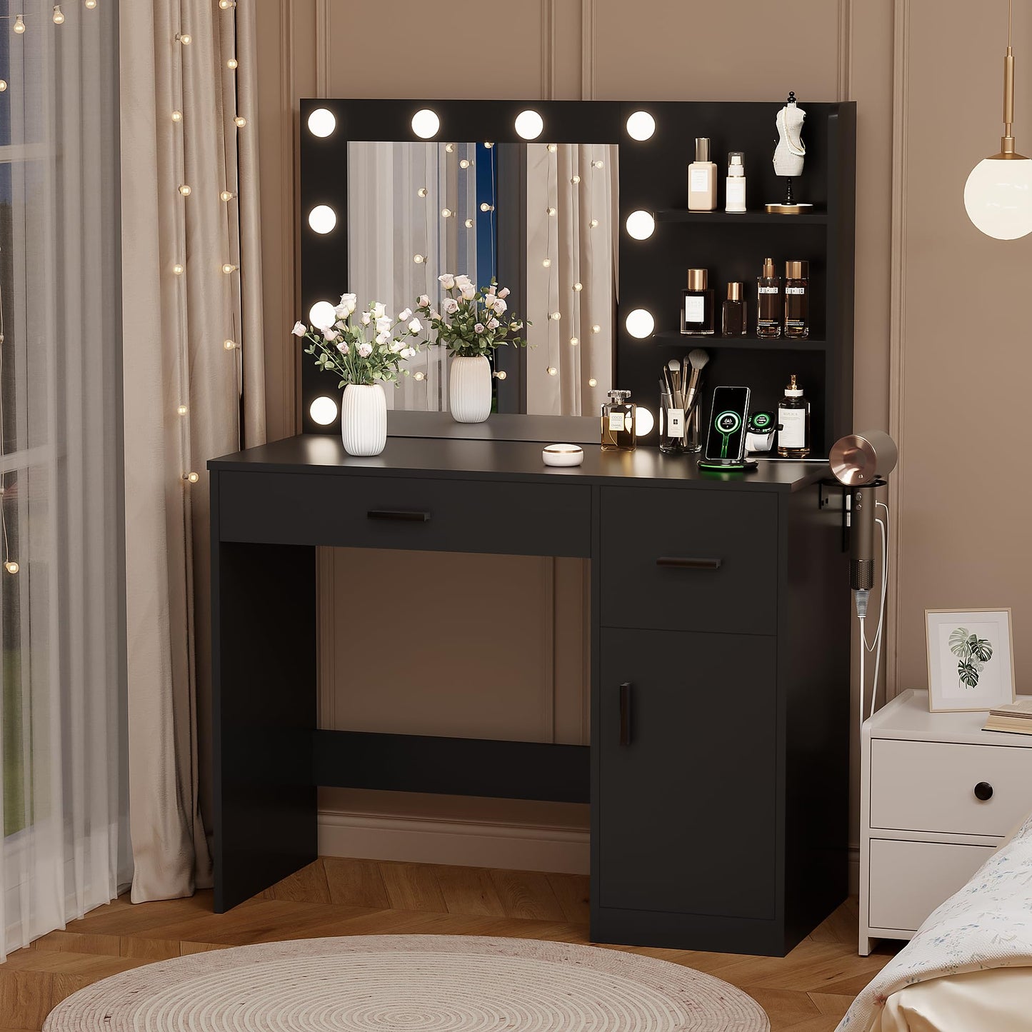 YESHOMY Vanity Desk with Mirror, 10 Lights, Power Outlet and 3 Storage Shelves, Makeup Table with 2 Drawers & 1 Cabinet, 3 Color Modes, for Bedroom, Black