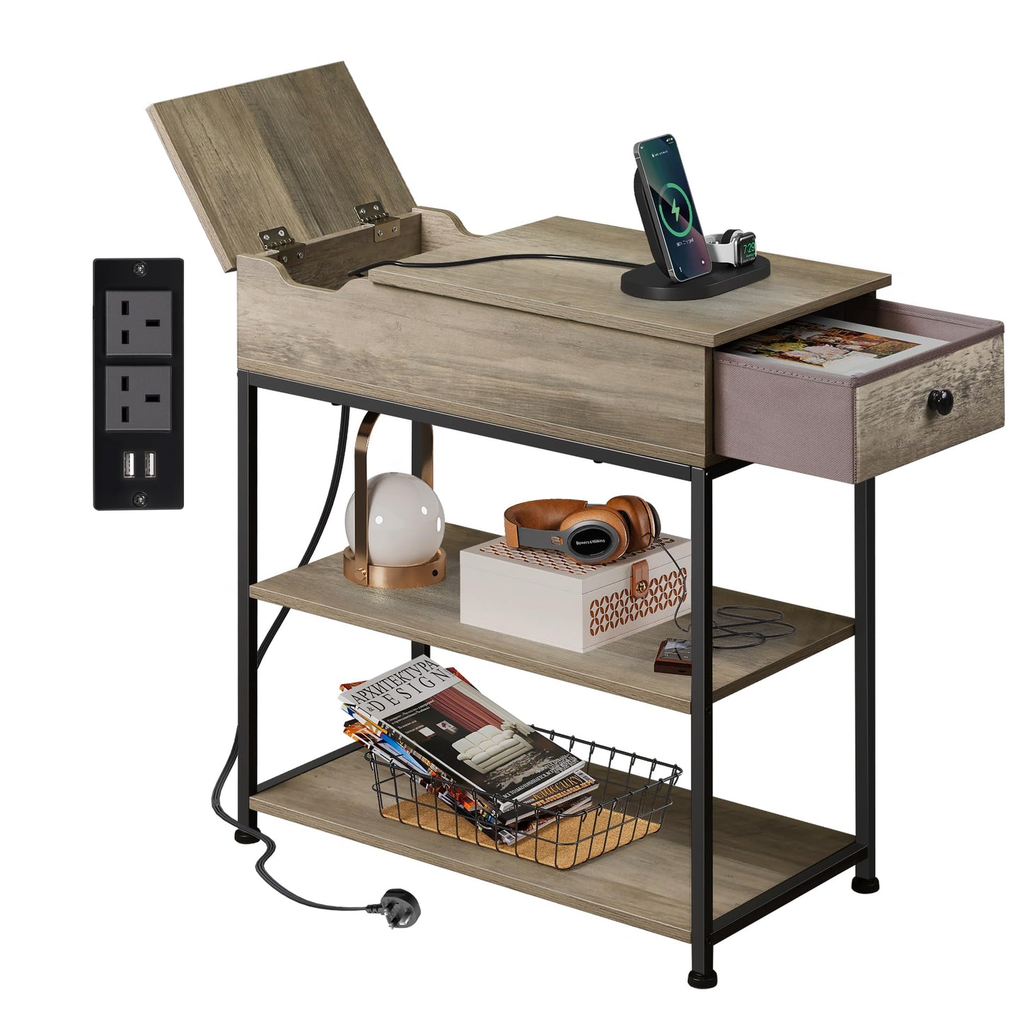 WLIVE Side Table, Narrow Side Table with Charging Station, 2 USB & AC Outlets, Space-Saving End Table for Living Room, Sofa Bedside Table with Fabric Drawer, Grey Oak