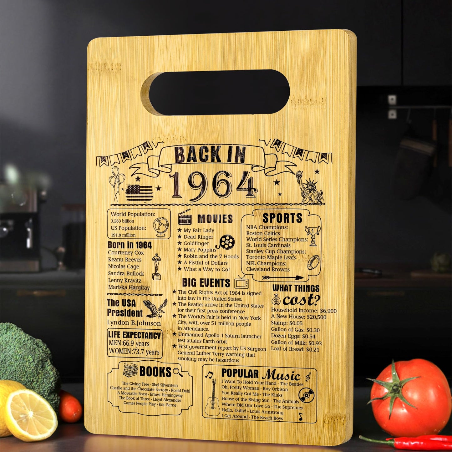 61th Birthday Gifts For Women or Men, Back In 1964 Cutting Board 61th Birthday Decorations, 61Year Old Anniversary Birthday Gifts