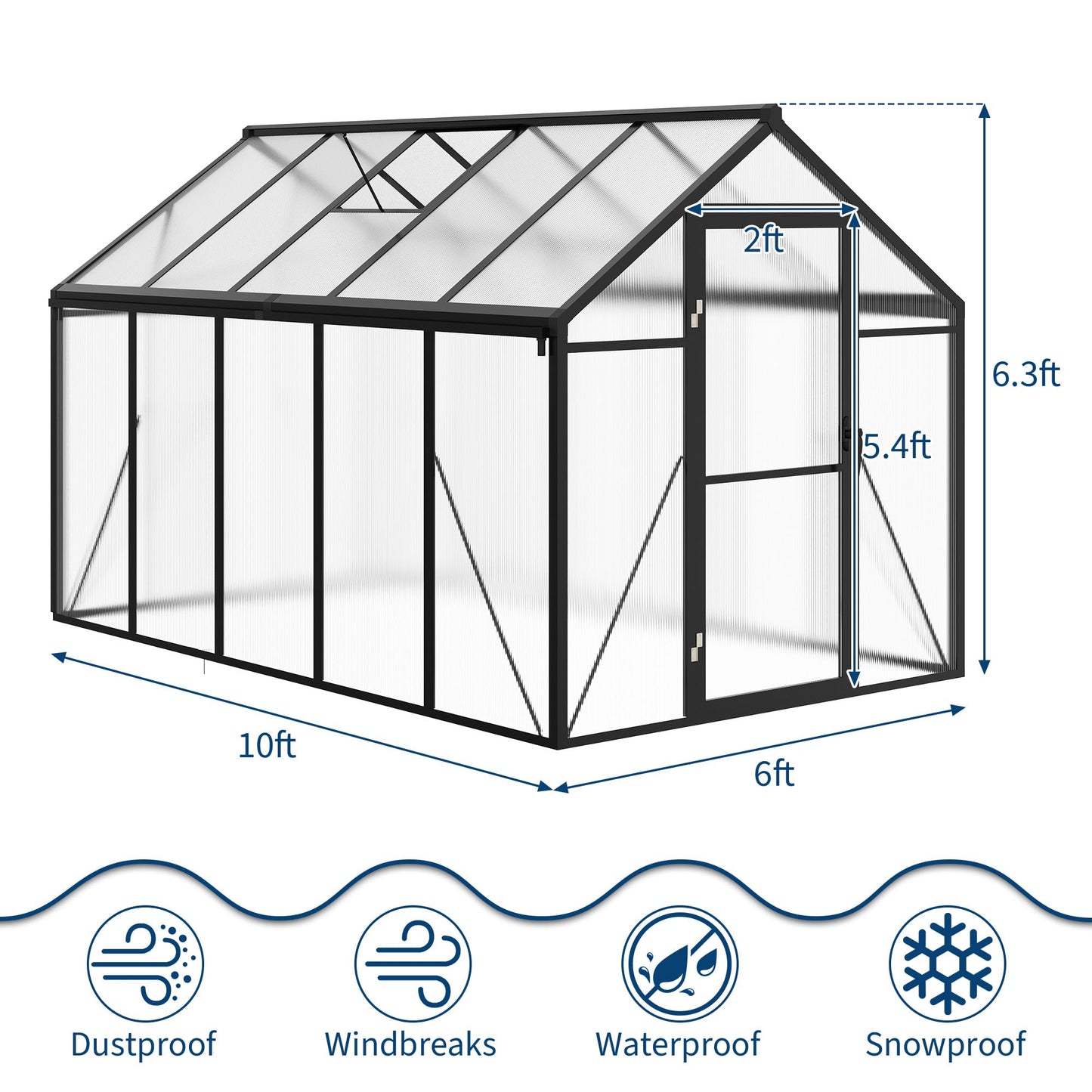 6X10 Ft Polycarbonate Greenhouse Sunroom with Aluminum Frame, Outdoor Greenhouse for Vegetables Herbs Flowers, Lockable Door & Adjustable Roof Vent, Patio Backyard Greenhouse Kit for Gardening, Black
