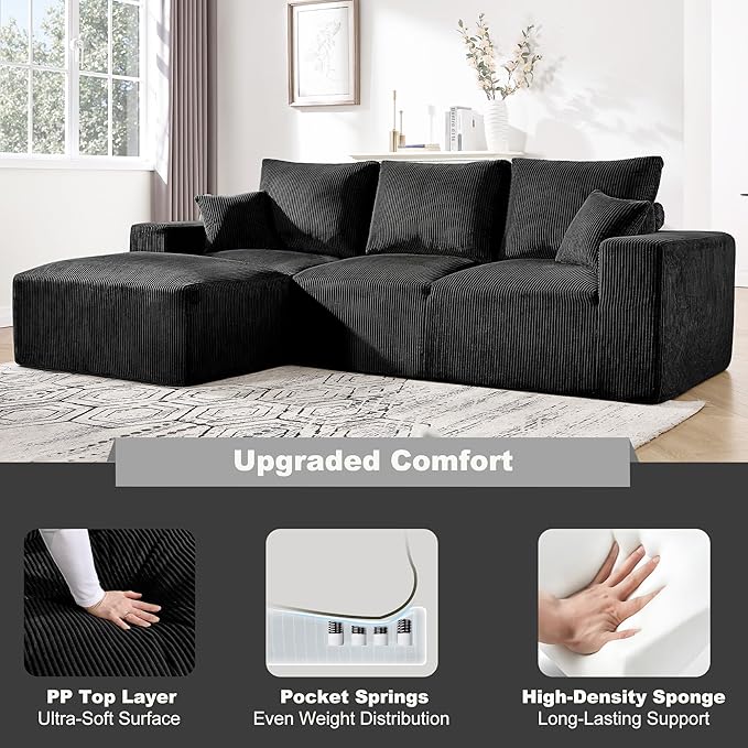 Myroyalsit 108" Modular Sectional Sofa, Compression Sofa with Deep Seat, Modular L-Shape Couch with Chaise, Upholstered Couches for Living Room Bedroom, No Assembly Required (Black, 108" L Shape)