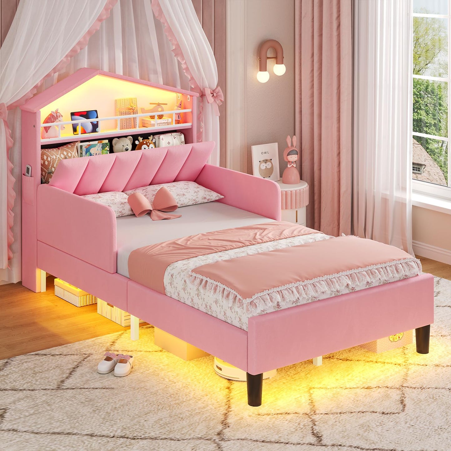ADORNEVE Twin Size Bed Frame with LED Lights,Velvet Upholstered Platform Bed for Girls,Princess Bed with Safety Guardrail,Headboard with Charging Station & Hidden Storage,No Box Spring Needed,Pink