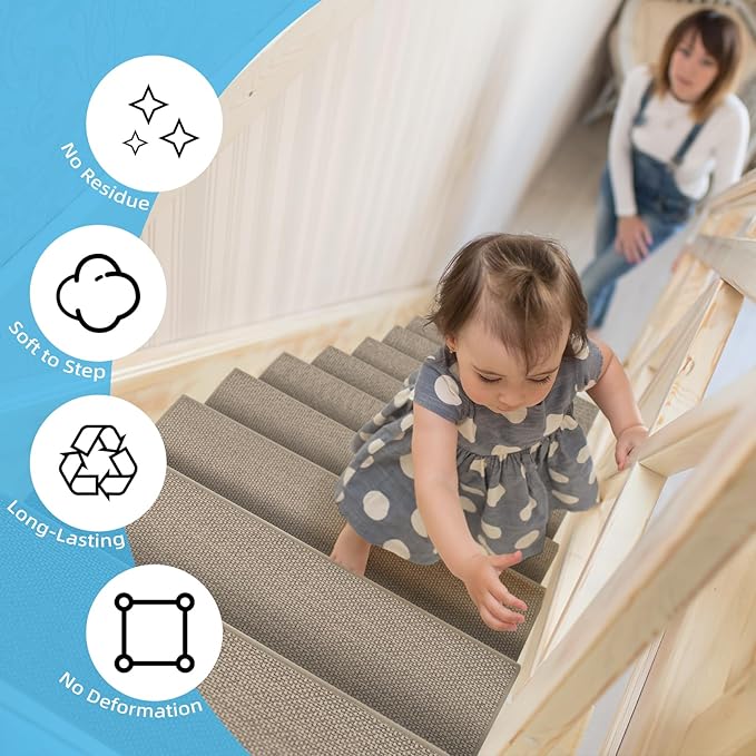 Art3d Stair Treads for Wooden Steps 15Pcs, 8" X 30" Non Slip Stair Runner Rugs with Reusable Adhesive for Elders Kids and Dogs, Machine Washable Peel and Stick Stair Treads Carpet, Beige