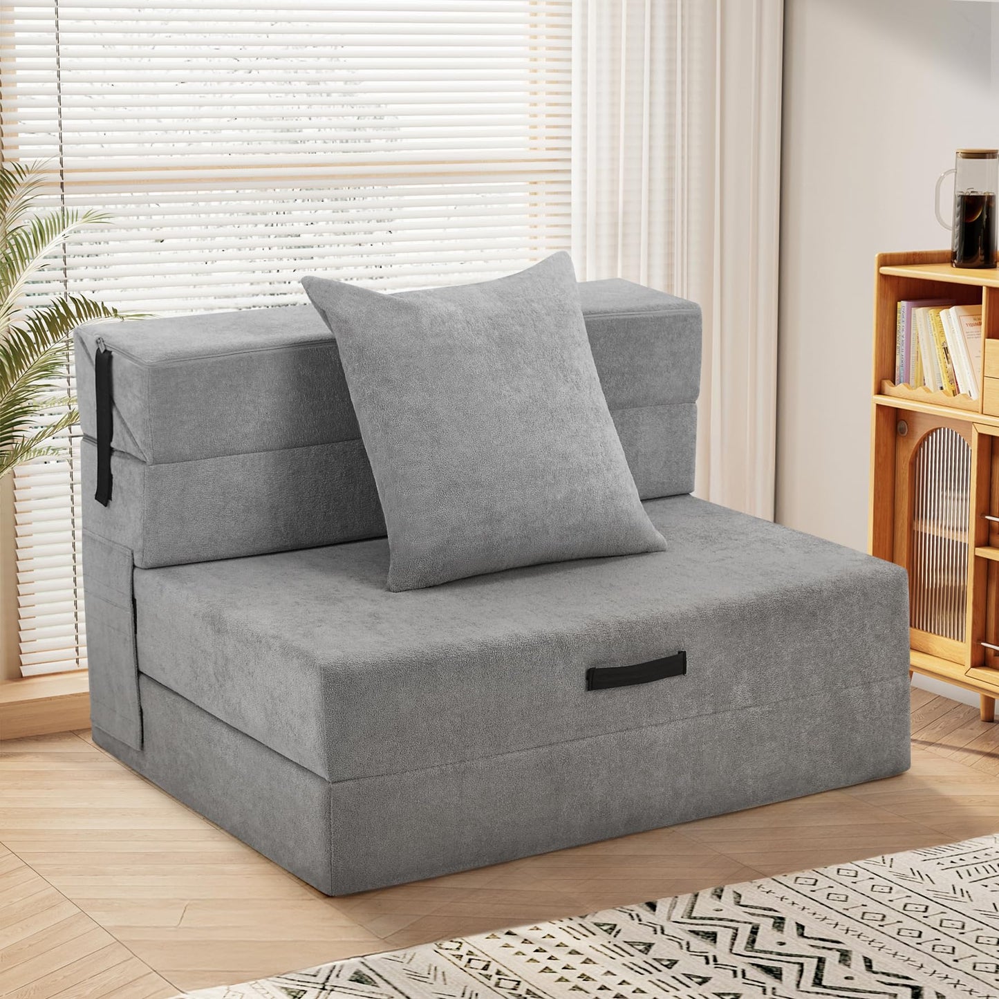 Aivermeil Folding Sofa Bed Couch Futon Sleeper Chair with Pillow, Convertible Futon Couch, Foldable Mattress, Washable Cover, for Living Room/Dorm/Guest Room, Twin Size, Dark Grey