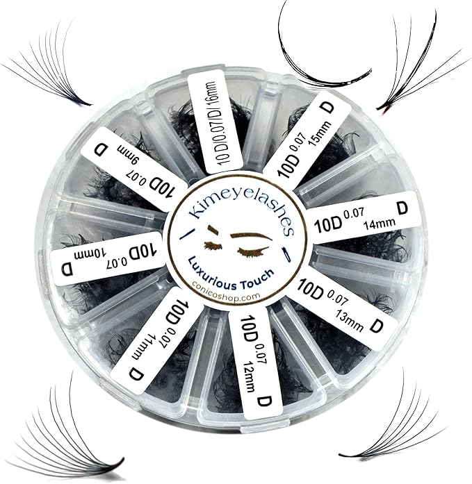 Kimeyelashes 4D to 10D - 0.07 C and D Curl 1000 Premade volume fans loose Fans, Handmade eyelash extensions supplies Russian volume lash promade fan (10D - 0.07 - Curl D, 18mm)