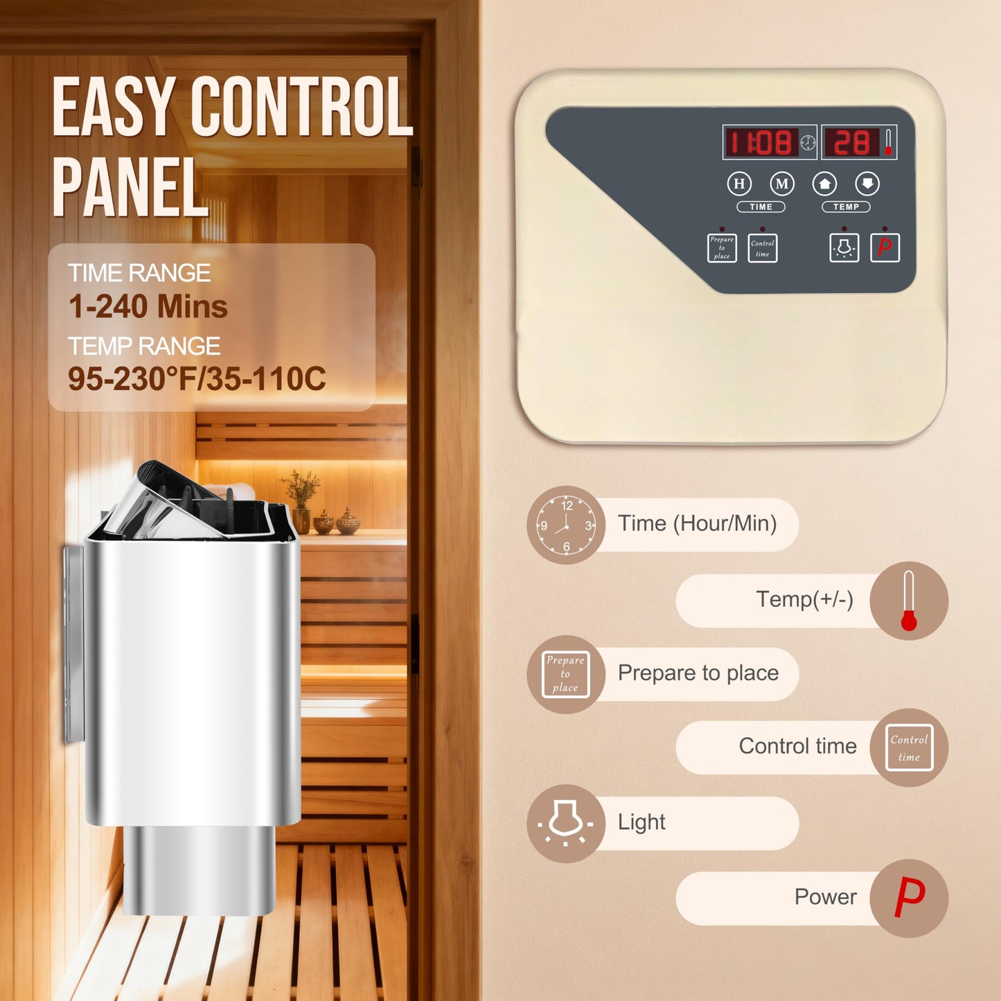 Sauna Heater, 9KW 220V Electric Sauna Stove, Steam Bath Sauna Heater with External Digital Controller, for Cubic Feet, Home Hotel Spa Shower,All stainless steel body (split machine)