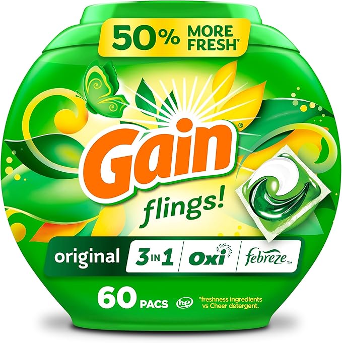 Gain Flings Laundry Detergent Pacs, 60 Count, Original Scent, with Odor Defense, concentrated laundry soap pacs