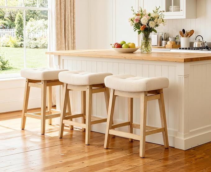 Counter Height Bar Stools Set of 2 for Kitchen Counter, Backless Farmhouse Island Short Barstools No Back with Padded Fabric Saddle Seat & Solid Wood Legs Modern 24 inch Counter Top Bar Chairs, Khaki