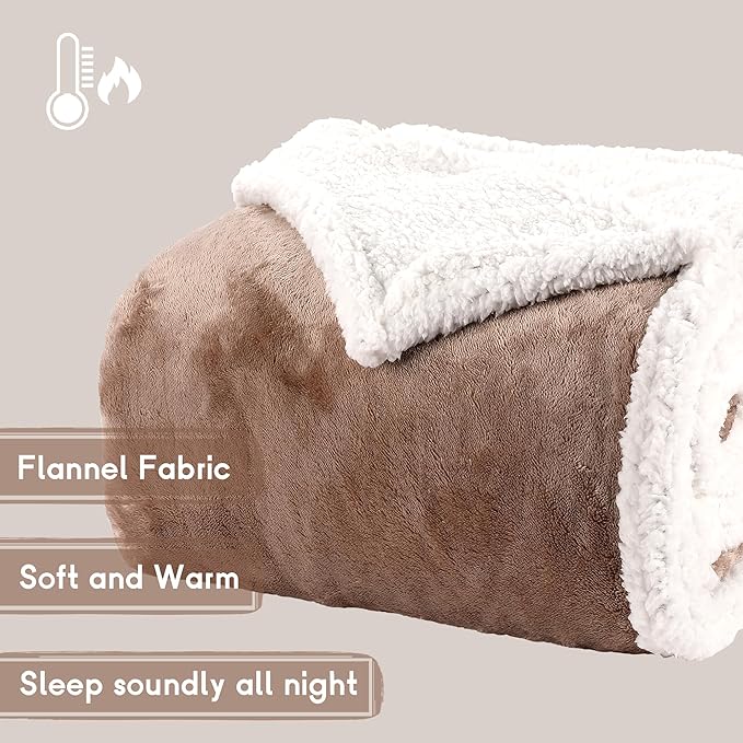 Heated Blanket Electric Throw Size 50''x60'' with 9 Heating Levels, 3 Hour Auto Shut Off, Machine Washable, Flannel & Sherpa Double-Sided Soft Warming Blanket for Couch, Bed, Office - Brown