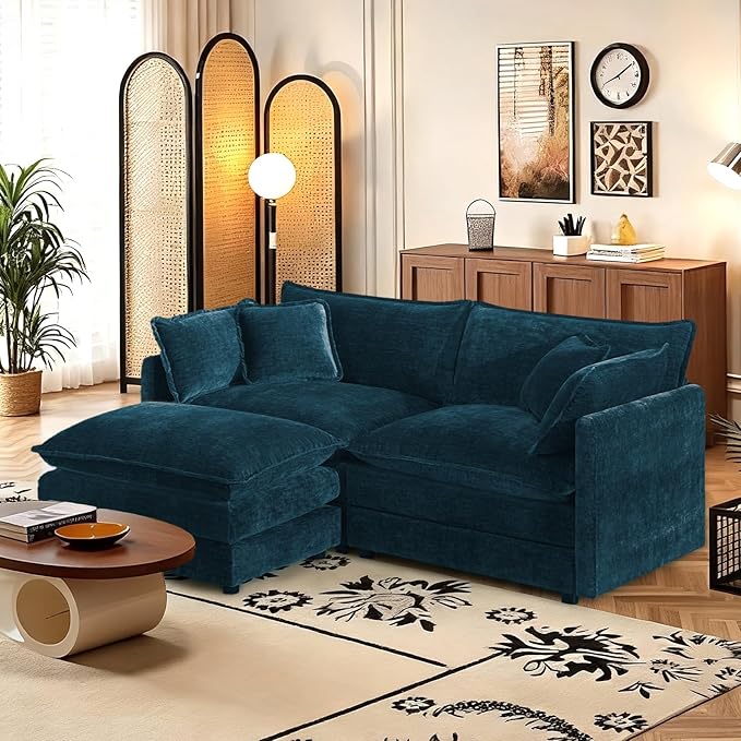 SoarFlash Chenille Sectional Sofa, Comfy L Shaped Modular Coush Sofa with Ottoman, Modern 2 Seat Couch Deep Seat Sofa Set for Living Room,Deep Blue