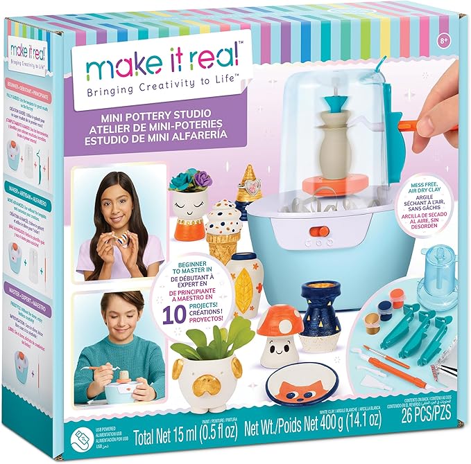 Make It Real Mini Pottery Studio - 26-Piece DIY Pottery Kit with Mess-Free Air Dry Clay - Create 10 Miniature Projects, Be...