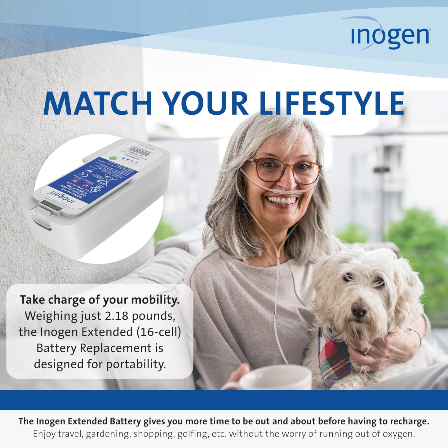 Inogen Extended (16-cell) Battery - for the Inogen One G5/Inogen Rove 6 - Up to 12 hours, 45 minutes of battery life on setting 1-2.18 lbs.