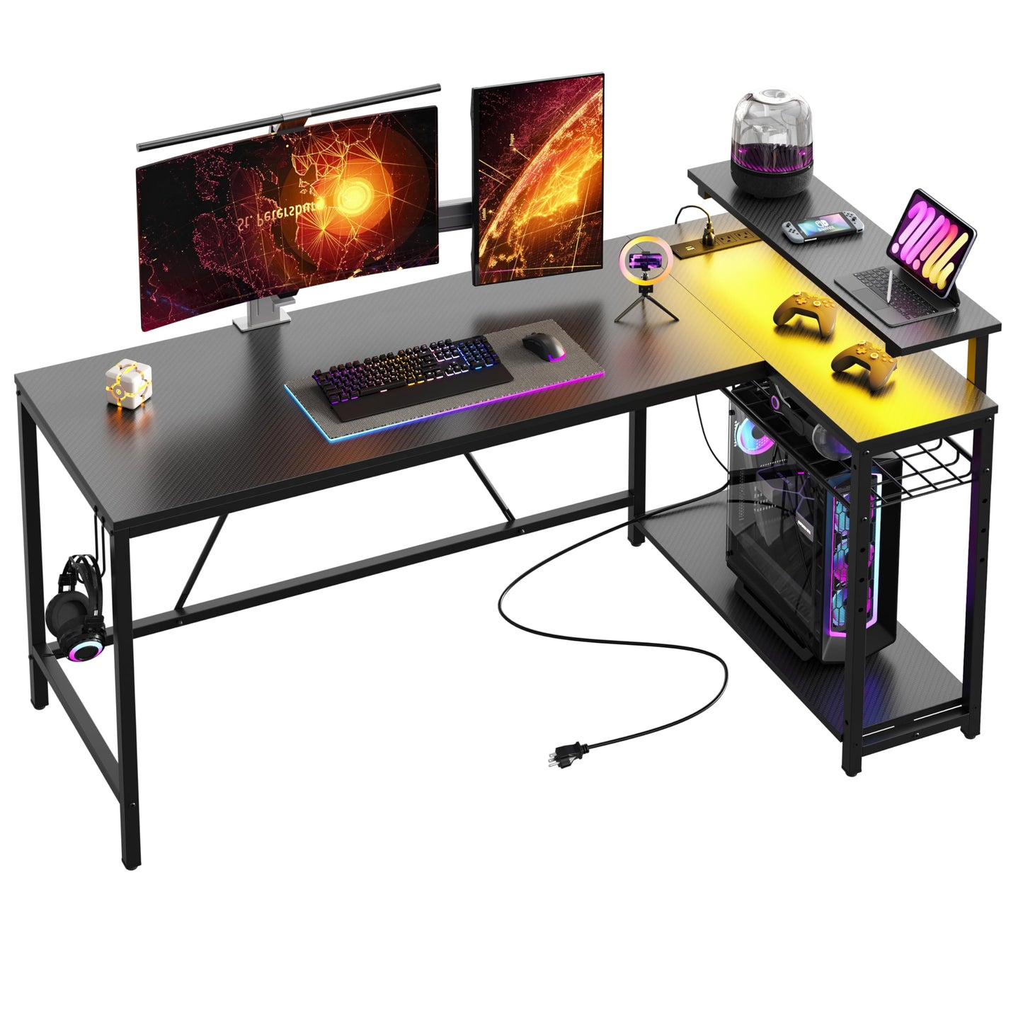 Bestier 58 L Shaped Gaming Desk with LED Lights & Power Outlets,Reversible Home Office Corner Desk with Shelves,Larger PC Workstation with Hooks for Studying,Desk for Bedroom,Carbon Fiber Black
