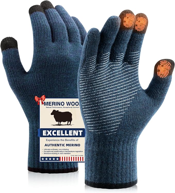 Merino Wool Gloves for Men Women Touch Screen Warm Anti-Slip Glove Liners Thermal for Driving Hiking