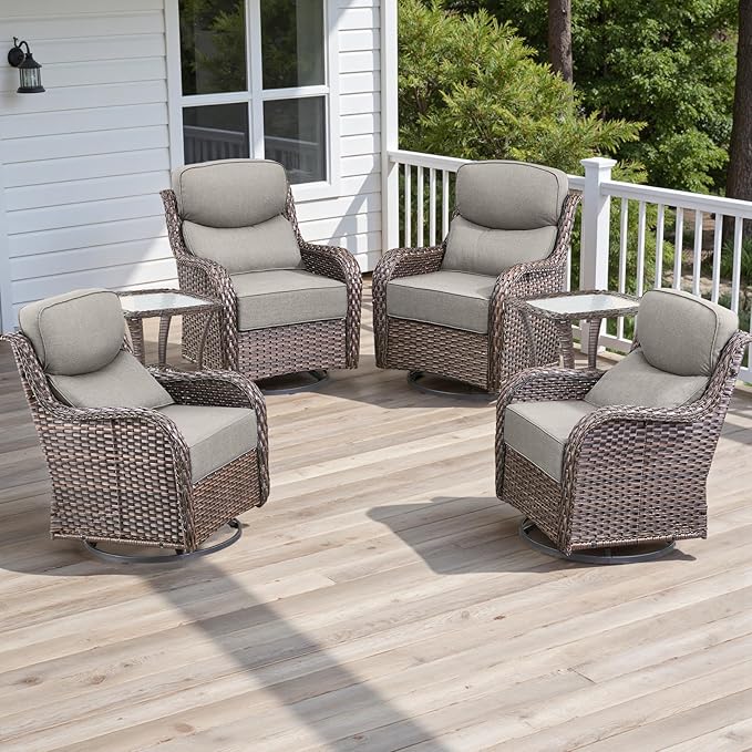 Rilyson Outdoor Patio Furniture Set - Weather Resistant Wicker,High Back,6 inch Cushions,6 Piece Patio Furniture Set with Swivel Rocker Chairs and Side Table for Deck Porch Yard,Brown/Beige