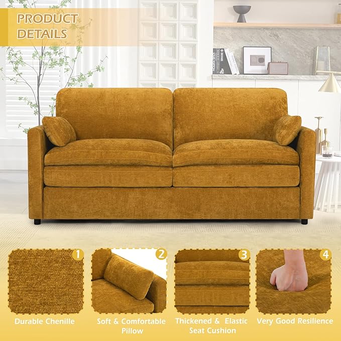 ACMEASE 69” Chenille Loveseat Sofa w/Arm Pillows, Upholstered 2-Seater Sofa w/Comfortable Back Cushions, Modern 2 Seats Couch w/High-Density Foam for Living Room, Apartment, Office, Yellow
