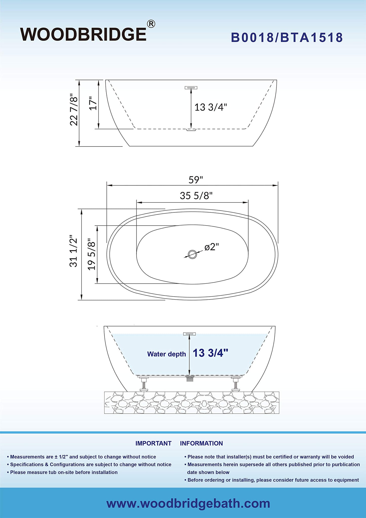 WOODBRIDGE 59" Acrylic Freestanding Bathtub Contemporary Soaking Tub, White Acrylic (Chrome Drain/Overflow),BTA1518 -C-Drain &O
