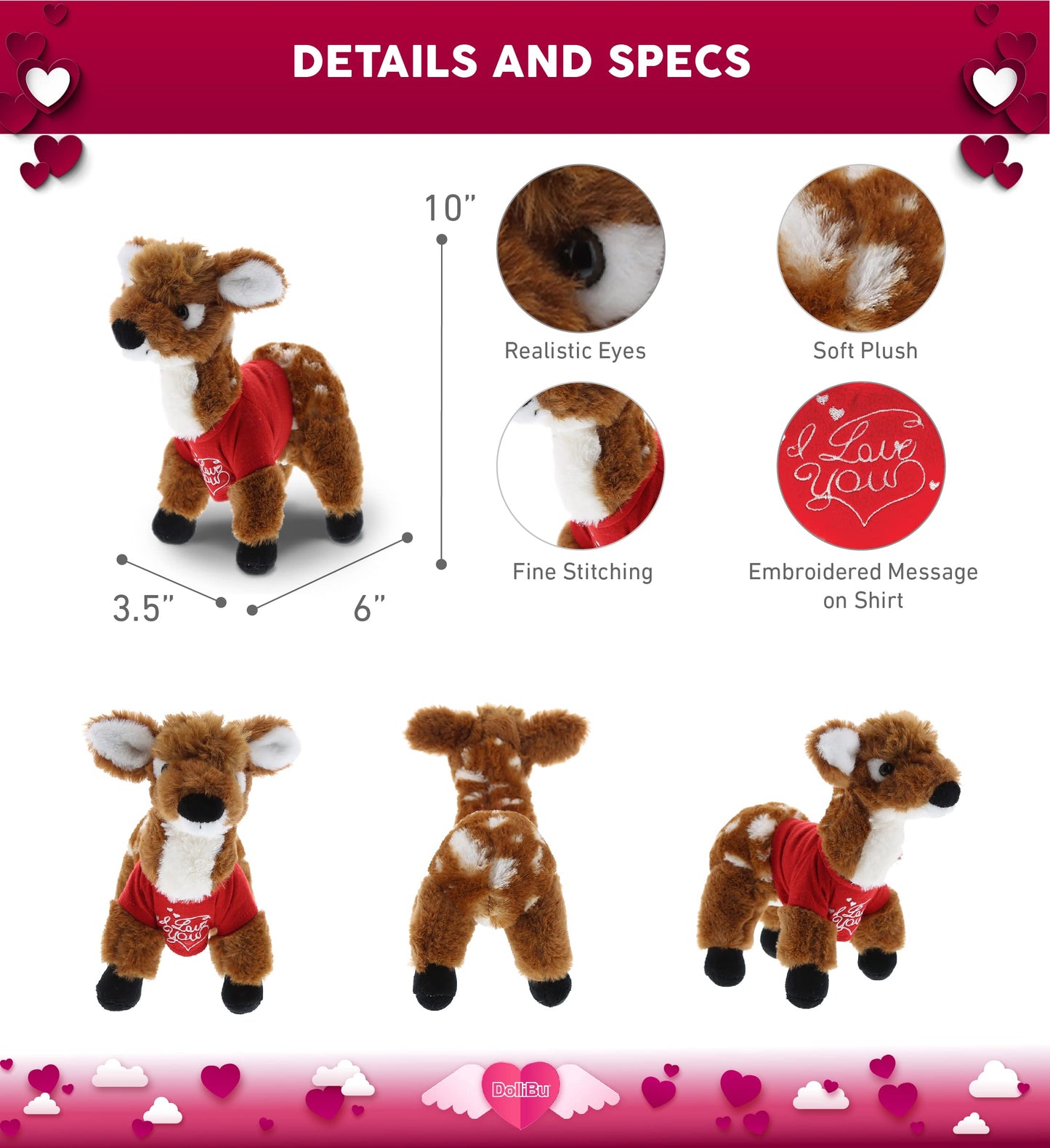 DolliBu I Love You Valentine Plush Standing Deer Small - Cute Stuffed Animal with Red Shirt and Name Personalization Gift for Valentines Day, Birthday, Anniversary, Romantic Date - 10 Inches