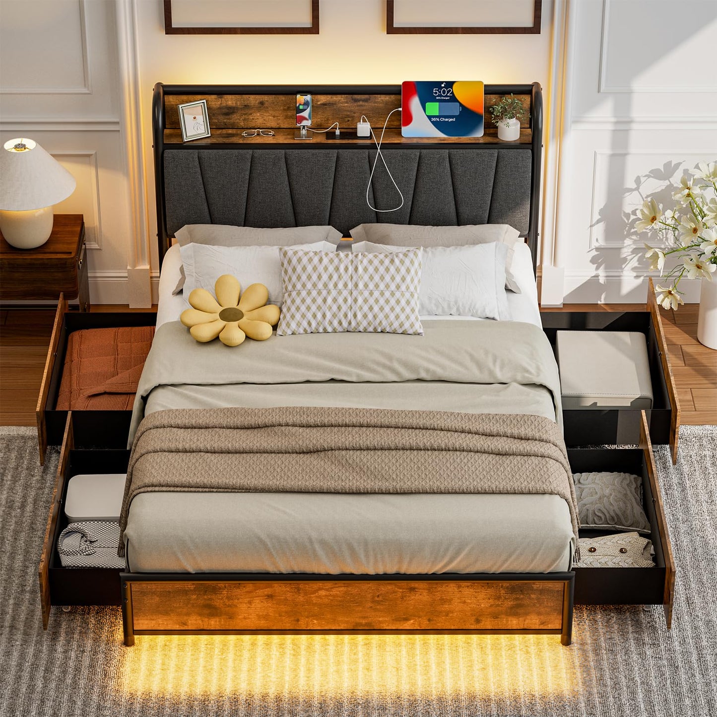 CIKUNASI Full Size Bed Frame with Headboard and Storage 4 Drawers Platform Bed Frame with Storage Chargin Station LED Light Bed Frame