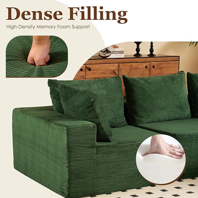 INGEROOM 108" Cloud Sectional Couch with L-Shape Chaise, Modular Sofa Memory Foam, Boneless Sofa with Movable Ottoman, Plush Corduroy Memory Foam Couch for Living Room, No Assembly, Forest Green