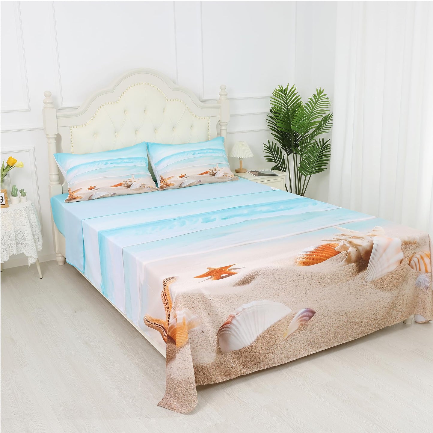Beach Bed Sheets Set Full Beach Fitted Sheet Blue Coastal Nature Theme Pattern Teal Flat Sheet Girls Women Hawaiian Top Sheet Starfish Sheet Set,1 Flat Sheet 1 Fitted Sheet 2 Pillowcases
