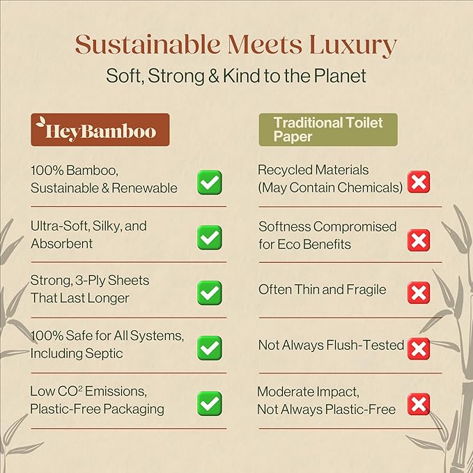 12 - HeyBamboo 100% Bamboo 3-Ply Toilet Paper, Ubleached, Non Toxic, 12 Double Rolls, 360 Sheets, FSC Certified, Soft & Strong, Pack of 12, Plastic-Free