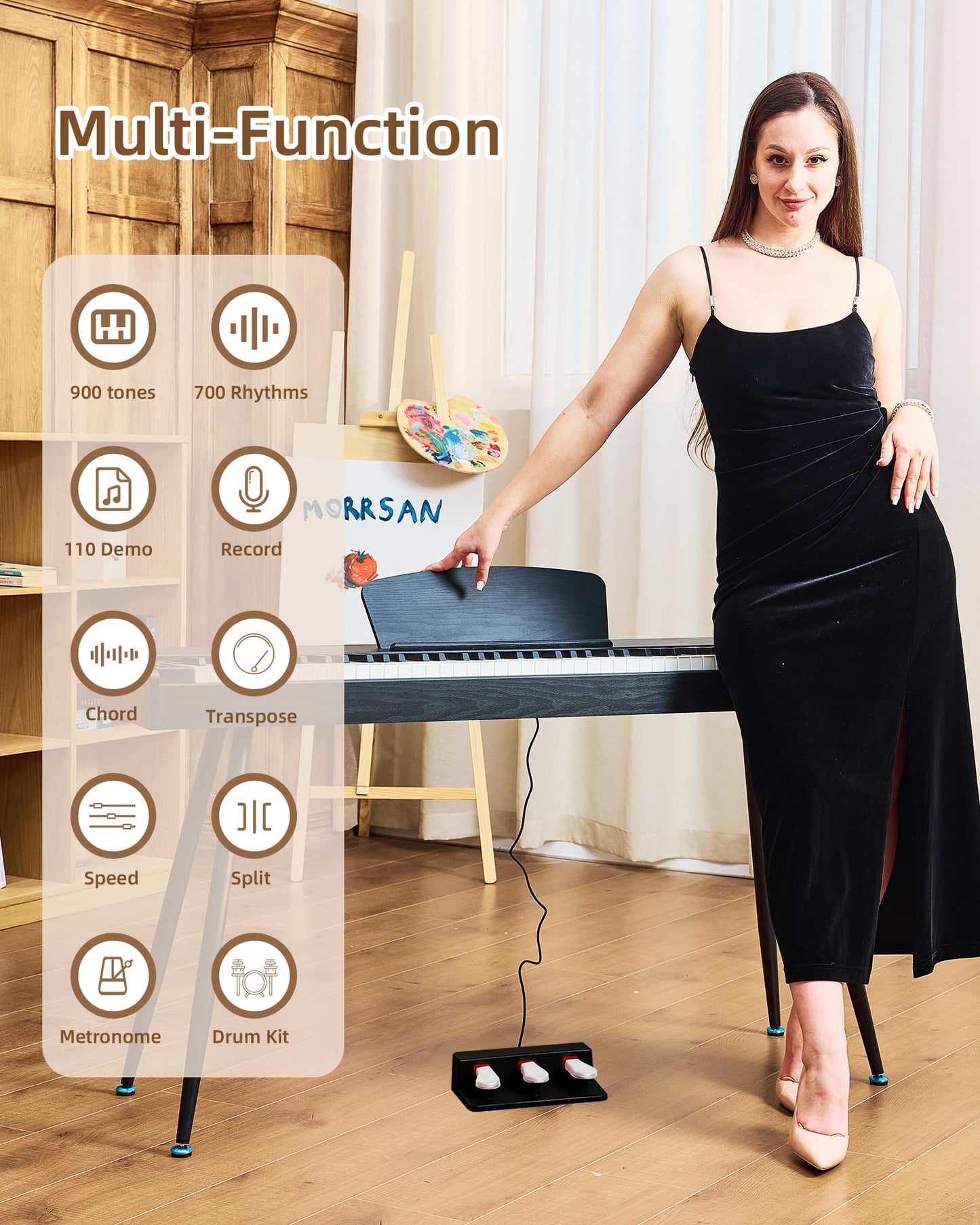 Doguva Digital Piano 88 Key Weighted Keyboard Progressive Hammer-Action Electric Piano For Beginners (Black) with Three-pedal Piano Cover Headphones Music Stickers