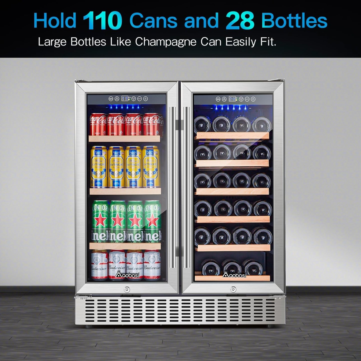 AAOBOSI 30 Inch Dual Zone Wine and Beverage Cooler,28 Bottles & 110 Cans Wine Fridge,Built-in and Freestanding,Removable Fashion Wooden Frame,Intelligent Digital Temperatrue Control,Low Noise