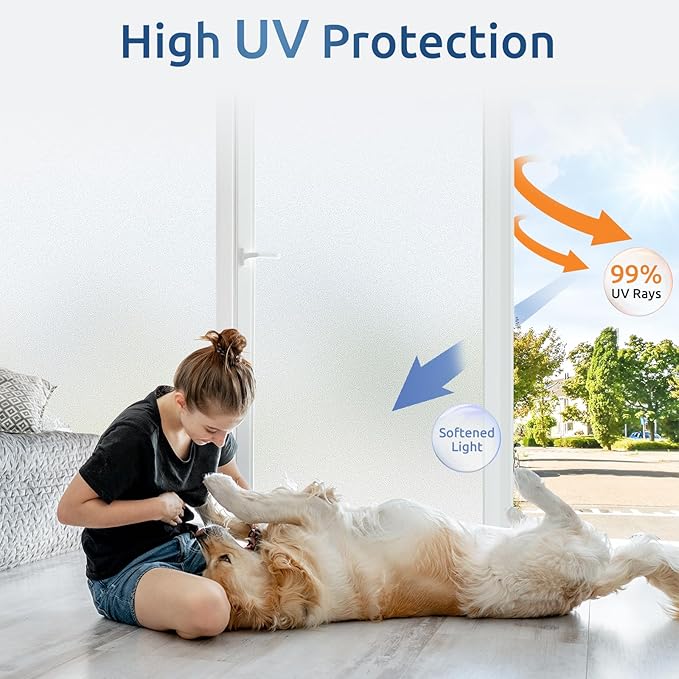 rabbitgoo Window Privacy Film for Glass Windows with Kit Decorative Clings UV Blocking Heat Control Static Cling Removable Bathroom Bedroom Door Home Coverings Pure, 17.5 x 118.1 inches