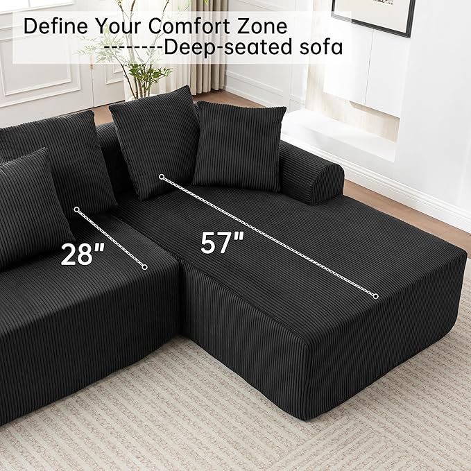 108 '' W Boneless Couch with L-Shape Chaise,No Assembly Required, Upholstery Corduroy Cloud Couch with Deep Seats and 5 Pillows Back, Free Combination (Black)