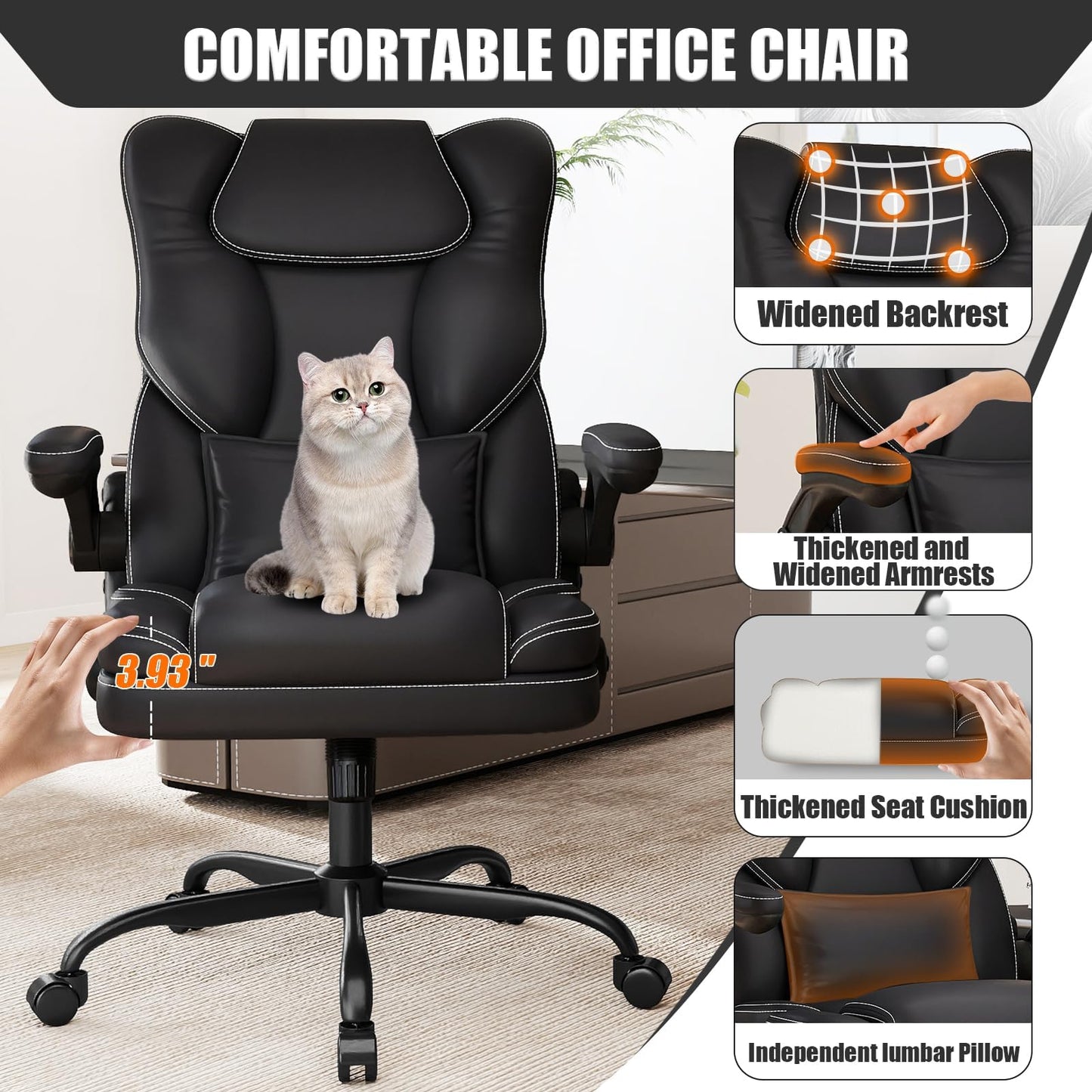 Ergonomic Office Chair with Flip-up Armrests, 300lbs Mid Back Computer Office Desk Chair with Lumbar Support, Executive Leather Chair with Rocking Function Adjustable Height for Home Office