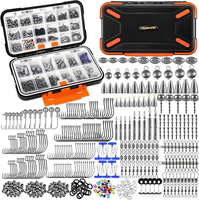 PLUSINNO 264/397pcs Fishing Accessories Kit, Organized Fishing Tackle Box with Tackle Included, Fishing Hooks, Fishing Wei...
