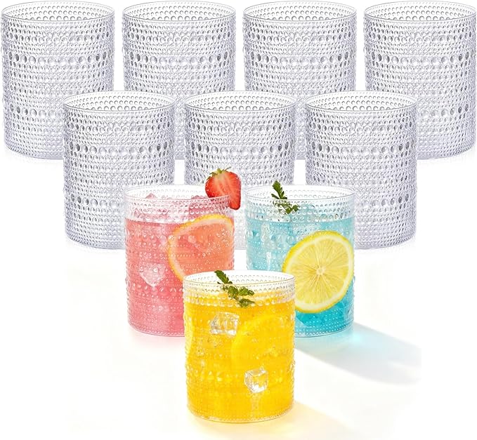 YOUBET 24PCS Plastic Hobnail Drinking Glasses - 14 Oz Clear Vintage Glasses Drinkware - Disposable Beaded Cups for Juice, ...