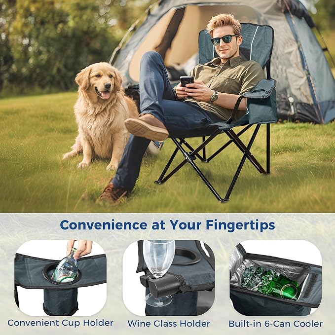Matrasco Oversized Padded Camping Chair, Heavy-Duty Steel Frame for 450 lbs Supports, Convenient 6-Can Cooler, Portable Carry Bag, Perfect for Outdoor, Beach, and Hiking (Gray & Black)