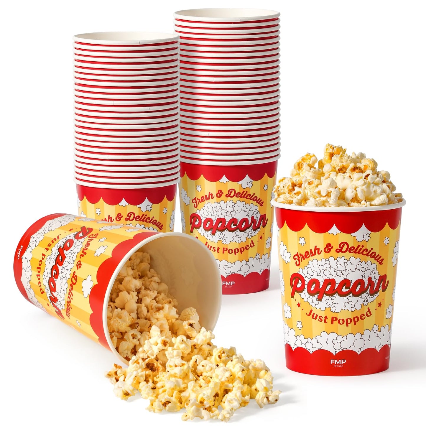 Fit Meal Prep 25 Pack Classic Paper Popcorn Buckets Disposable, 32 Oz Grease Resistant Popcorn Bowls Cups for Machine Home Theater Carnival Movie Night