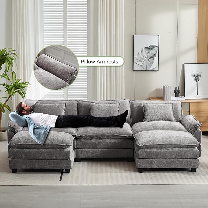 Oprisen 120" Modular Sectional Sofa, Comfy Cloud Couch Sectional Sofa with Ottoman, Chenille Sofa Sleeper Deep Seat Sofa with Throw Pillows for Living Room (Light Gray, 120"- U Shape)