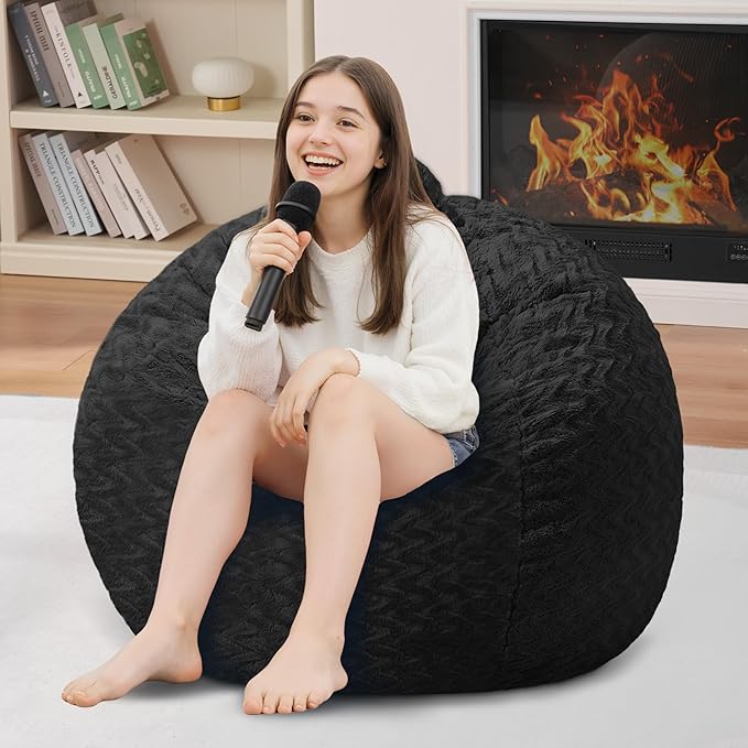 2FT Bean Bag Chair,Giant Bean Bag Chairs for Adults,Big Bean Bags with Memory Foam Filled, Large Beanbag Chairs with Chevron Plush Cover-Black