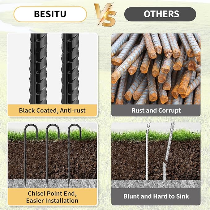 Besitu 16 Inches 24-Pack J Hook Rebar Stakes Heavy Duty Tent Stakes with Chisel Point End, Steel Ground Anchors Metal Garden Stakes Chain Link Fence Stakes Black Coated